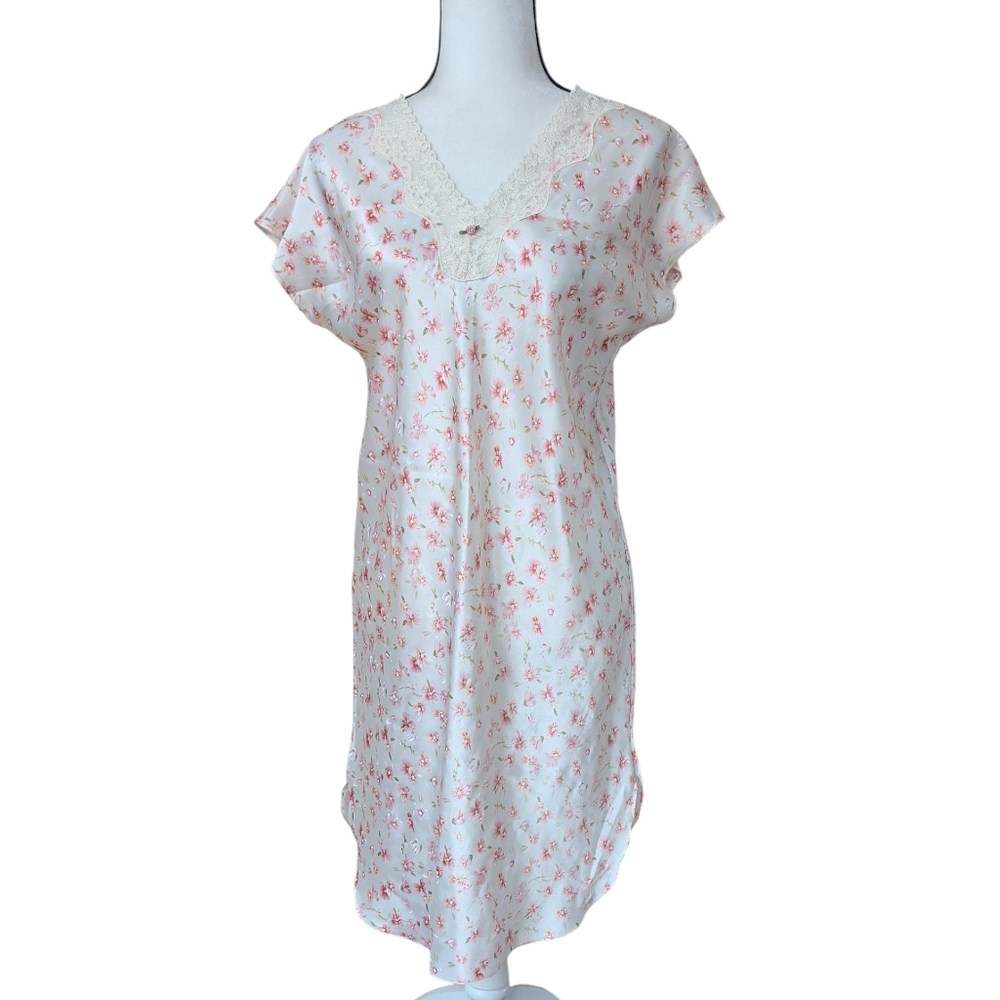 Secret Treasures Floral Lace Trim V-Neck Nightgown SMALL Tusk Cream Pink